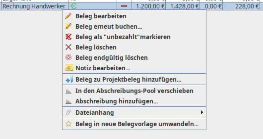 Popup-Menü vor dem Hinzufügen eines Belegs zu einem Projektbeleg
