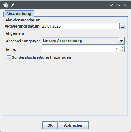 Auswahl von Aktivierungsdatum und Abschreibung